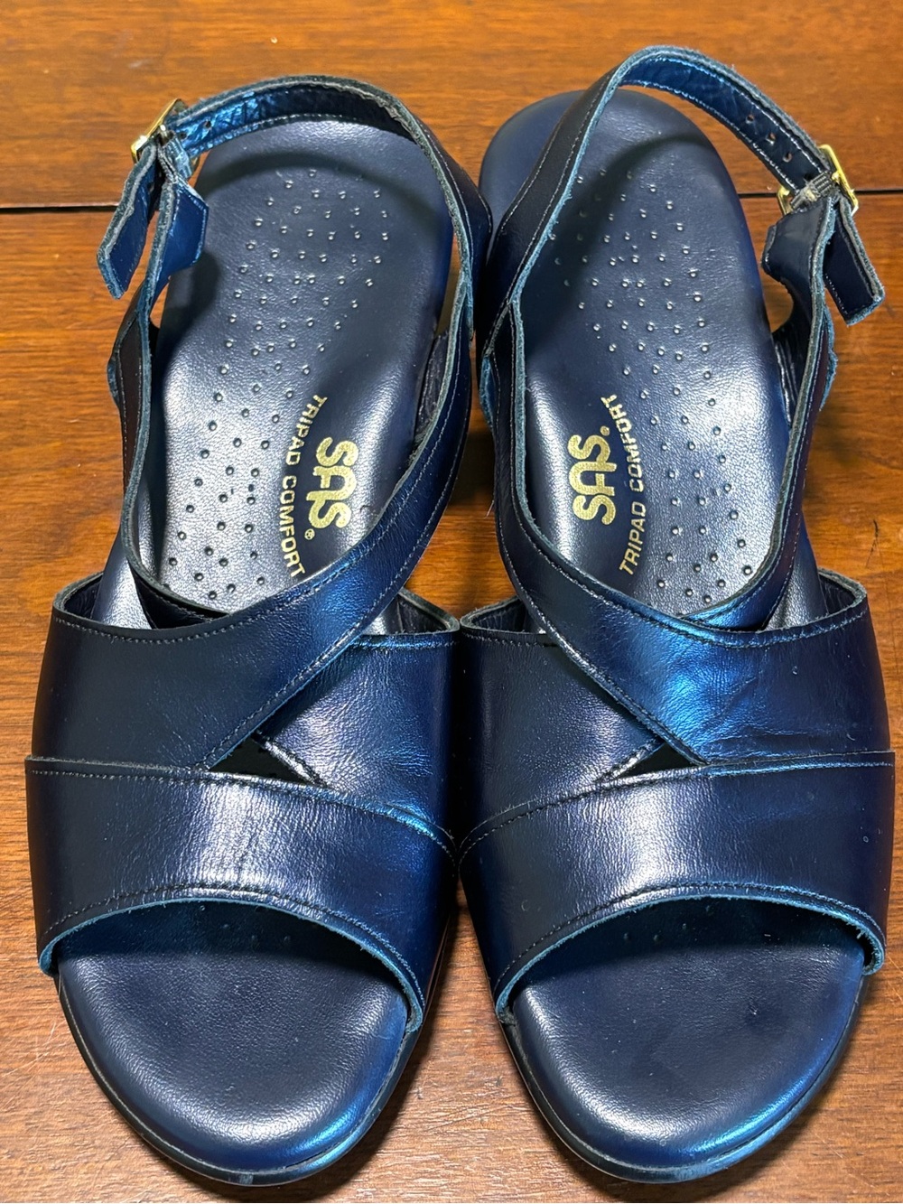 SAS Women’s Caress Cross Strap Wedge Sandals Leather Navy Size 8N Style 219589